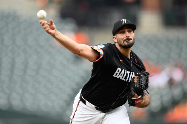 Baltimore Orioles starting pitcher Zach Eflin throws during the first inning of a baseball game against the Chicago White Sox, Friday, May 30, 2025, in Baltimore. (AP Photo/Nick Wass)