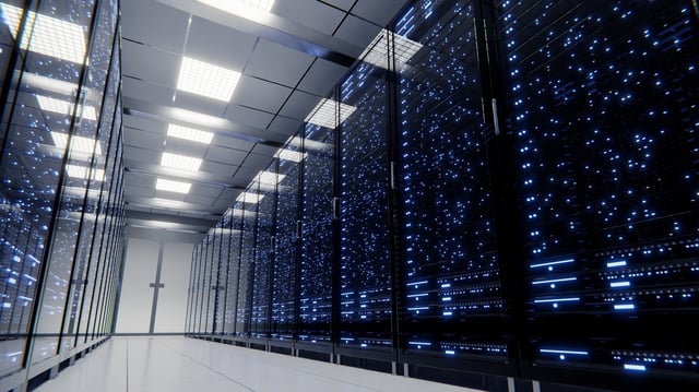Data processing and storage center. Server room. Supercomputer. Technology.