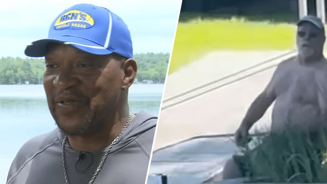 Sherron Brown, at left, and a man seen on video hurling a racial slur at him and his daughter while they were fishing on Memorial Day 2025 on a Massachusetts lake.