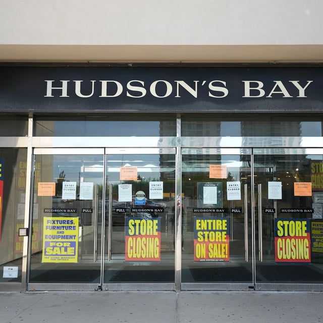 Store closing advertising at the Hudson's Bay in Toronto, on Friday, May 30, 2025. Canada's oldest company, Hudson's Bay will be permanently closing all its stores in Canada. THE CANADIAN PRESS/Nathan Denette