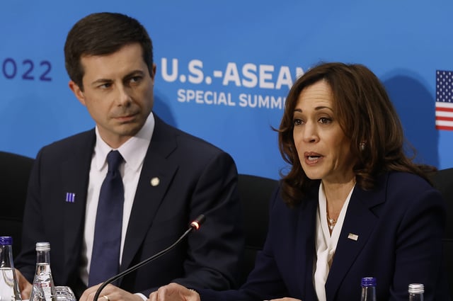U.S. Vice President Kamala Harris is joined by Energy Secretary Jennifer Granholm, Transportation Secretary Pete Buttigieg as she delivers opening remarks during a plenary meeting with Association of Southeast Asian Nations leaders in the Loy Henderson Room at the State Department on May 13, 2022 in Washington, DC.