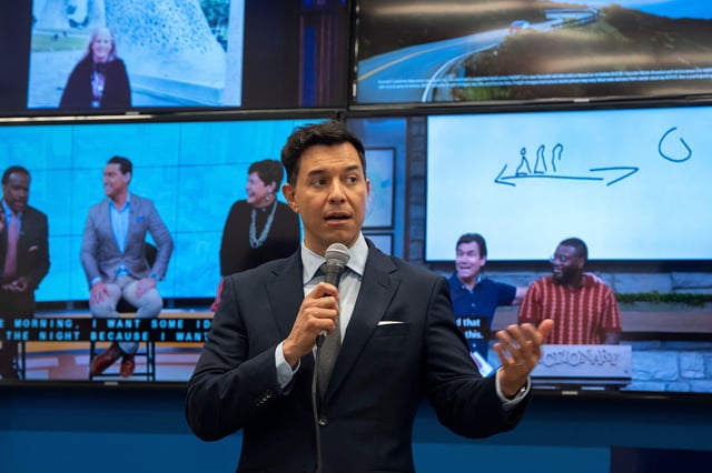 NBC Nightly News anchor ,Tom Llamas, talks at WSMV TV in Nashville on May 6, 2025.