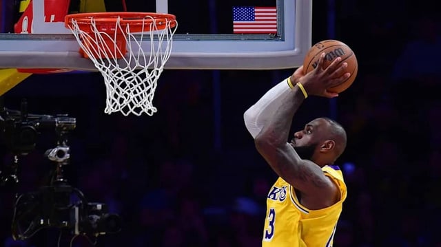 Apr 30, 2025; Los Angeles, California, USA: Los Angeles Lakers forward LeBron James (23) moves in for the dunk against the Minnesota Timberwolves during the second half in game five of first round for the 2025 NBA Playoffs at Crypto.com Arena. Mandatory Credit: Gary A. Vasquez-Imagn Images