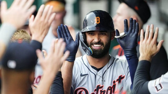 May 30, 2025; Kansas City, Missouri, USA; Detroit Tigers left fielder Riley Greene (31) is congratulated by teammates after after hitting a home run during the first inning against the Kansas City Royals at Kauffman Stadium. Mandatory Credit: Jay Biggerstaff-Imagn Images