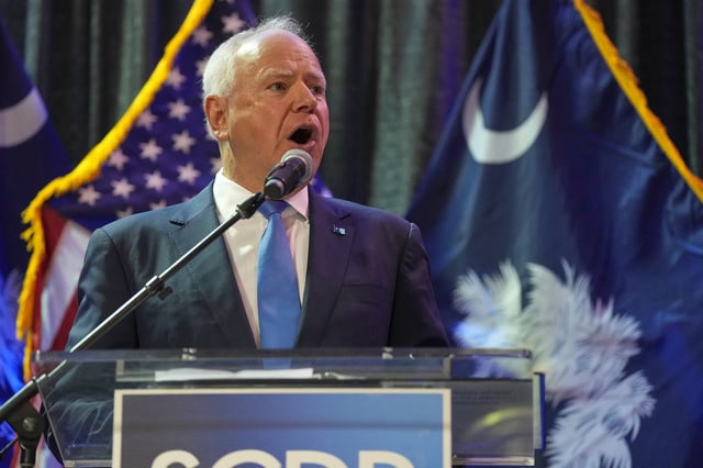 Minnesota Gov. Tim Walz speaks at the South Carolina Democratic Party's Blue Palmetto Dinner Friday, May 30, 2025, in Columbia, S.C. (AP Photo/Meg Kinnard)