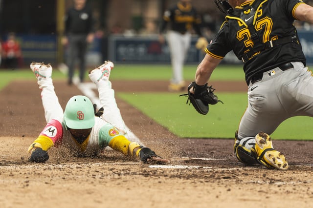 SAN DIEGO, CALIFORNIA – MAY 30: Luis Arraez #4 of the San Diego Padres scores in the sixth inning during the game against the Pittsburgh Pirates at Petco Park on May 30, 2025 in San Diego, California. (Photo by Matt Thomas/San Diego Padres/Getty Images)