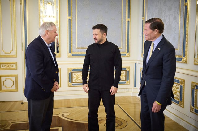 Ukraine's President Volodymyr Zelensky meets with US Sens. Lindsey Graham and Richard Blumenthal in Kyiv, Ukraine on May 30, 2025.