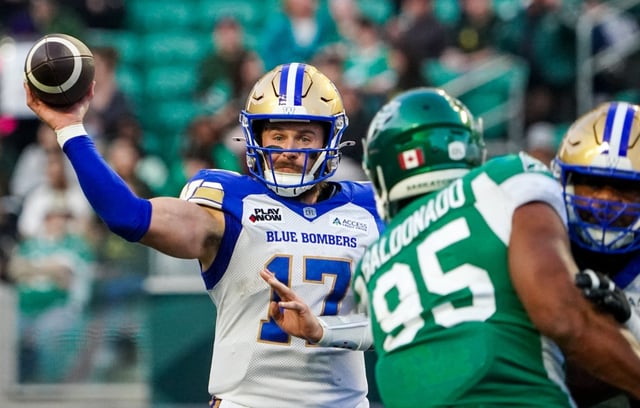 Winnipeg Blue Bombers quarterback Chris Streveler (17) throws against the Saskatchewan Roughriders during the first half of pre-season CFL football action in Regina, on Friday, May 30, 2025. The Bombers won 27-20 over the Roughriders in CFL exhibition action
