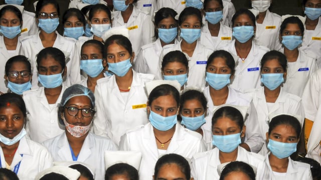 Nurses during preparations of wards for Covid-19 patients at a hospital in the wake of several states reporting Covid cases, in Ranchi, Monday.