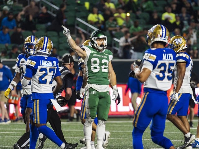 Saskatchewan Roughriders receiver Joe Robustelli points for a first down during 2025 CFL pre-season action at Mosaic Stadium against the Winnipeg Blue Bombers on Friday, May 30, 2025. 