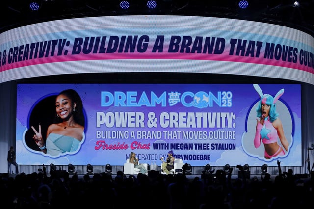 Megan Thee Stallion, right, during her fireside chat with moderator Storymodebae, left, on the main stage at the George R. Brown Center during Dream Con 2025 Friday, May. 30, 2025 in Houston.