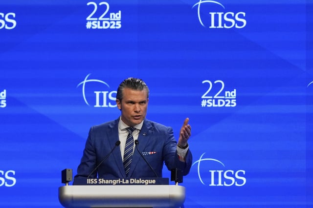 U.S. Defense Secretary Pete Hegseth delivers his speech during 22nd Shangri-La Dialogue summit in Singapore, Saturday, May 31, 2025.