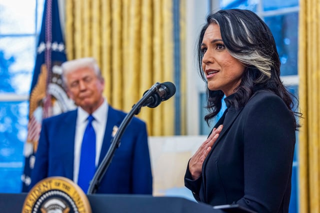 Donald Trump and Tulsi Gabbard during a swearing-in ceremony in the Oval Office of the White House on Feb. 12, 2025.