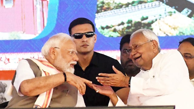 Prime Minister Narendra Modi, along with Bihar Chief Minister Nitish Kumar, during a public meeting in Bikramganj Rohtas district.