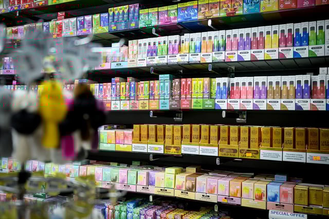 LONDON, ENGLAND - JANUARY 29: A selection of disposable vapes with bright and colourful packaging are seen in a convenience store, on January 29, 2024 in London, England. Rishi Sunak announces a ban on disposable vapes in the UK as part of government plans to tackle the rise in youth vaping and protect children's health. (Photo by Leon Neal/Getty Images)