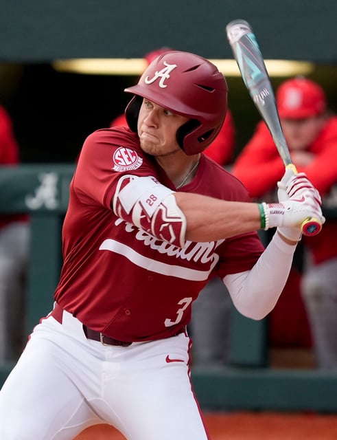 Feb 14, 2025; Tuscaloosa, AL, USA; Kade Snell gets ready to take a big cut during Alabama baseball’s opening day at Sewell-Thomas Stadium against Bradley. The Crimson Tide defeated Bradley 10-6.