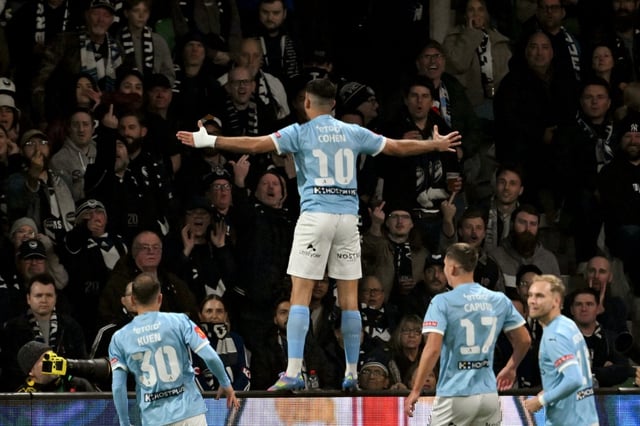 Yonatan Cohen (C) celebrates after scoring the goal which secured Melbourne City's victory in the A-League grand final against Melbourne Victory