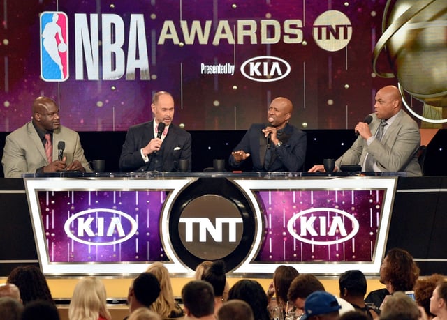 Shaquille O&#39;Neal, from left, Ernie Johnson, Kenny Smith and Charles Barkley speak at the NBA Awards on Monday, June 25, 2018, at the Barker Hangar in Santa Monica, Calif. (Photo by Chris Pizzello/Invision/AP)
