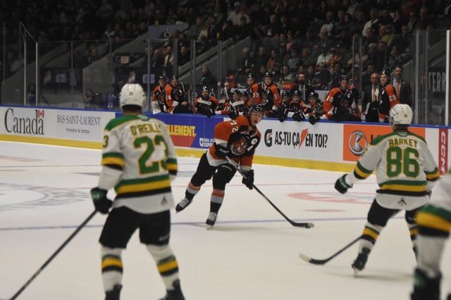 NEWS PHOTO JAMES TUBB Medicine Hat Tigers forward Gavin McKenna fires a shot from the point on a power play in the first period of the Tigers’ 3-1 round-robin win over the London Knights on Tuesday. The win clinched their spot in the finals of the 105th Memorial Cup.