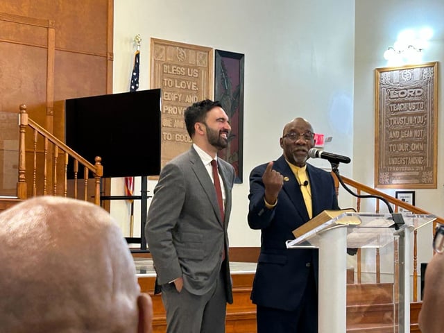 Zohran Mamdani with Mt. Pisgah&#39;s pastor, Rev. Johnny Ray Youngblood. (Chris Sommerfeldt/New York Daily News)