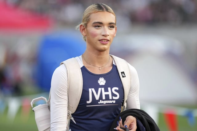 Transgender athlete AB Hernandez of Jurupa Valley leaves the track during the CIF State Track and Field Championships at Veterans Memorial Stadium, Friday, May 30, 2025, in Clovis, California.