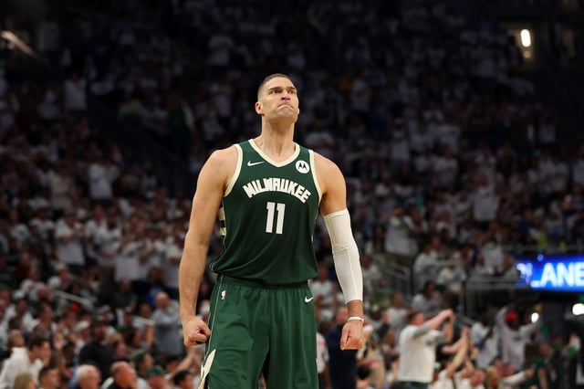 Brook Lopez #11 of the Milwaukee Bucks reacts to a three point shot during the first half of game two of the Eastern Conference First Round Playoffs against the Indiana Pacers. Lopez will be a free agent this summer.