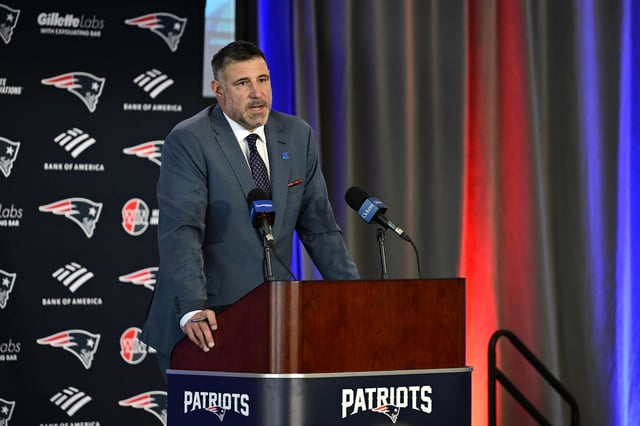 Mike Vrabel speaks as he is introduced as head coach of the New England Patriots during a press conference at Gillette Stadium on January 13, 2025 in Foxborough, Massachusetts.