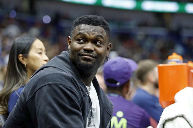 NEW ORLEANS, LOUISIANA - APRIL 13: Zion Williamson #1 of the New Orleans Pelicans sits on the bench during the first half of a game against the Oklahoma City Thunder at Smoothie King Center on April 13, 2025 in New Orleans, Louisiana. NOTE TO USER: User expressly acknowledges and agrees that, by downloading and or using this photograph, User is consenting to the terms and conditions of the Getty Images License Agreement. (Photo by Tyler Kaufman/Getty Images)