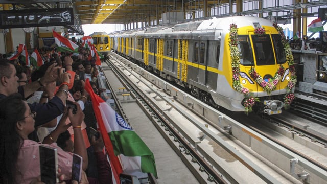 A metro train runs on the newly inaugurated 6km-long Super Priority Corridor of Indore Metro, in Indore, Madhya Pradesh, Saturday, May 31, 2025. 