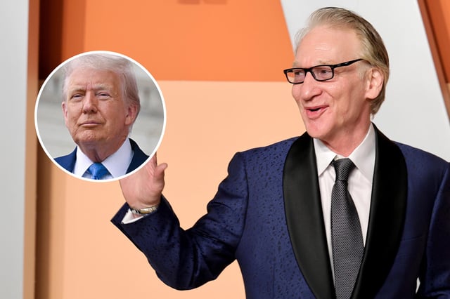 Main image: Bill Maher attends the 2025 Vanity Fair Oscar Party at Wallis Annenberg Center for the Performing Arts on March 2 in Beverly Hills, California. Inset: President Donald Trump arrives to deliver remarks at the National Memorial Day Observance at the Memorial Amphitheatre in Arlington National Cemetery in Arlington, Virginia, on May 26.