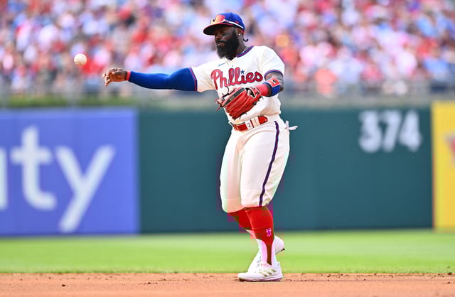 Jul 1, 2023; Philadelphia, Pennsylvania, USA; Philadelphia Phillies outfielder Josh Harrison (2) throws to first against the Washington Nationals in the second inning at Citizens Bank Park. Mandatory Credit: Kyle Ross-USA TODAY Sports/File Photo