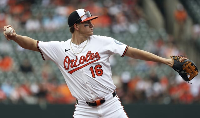 Baltimore Orioles third baseman Coby Mayo throws to first base before a baseball game against the Kansas City Royals, Sunday, May 4, 2025, in Baltimore. (AP Photo/Daniel Kucin Jr.)