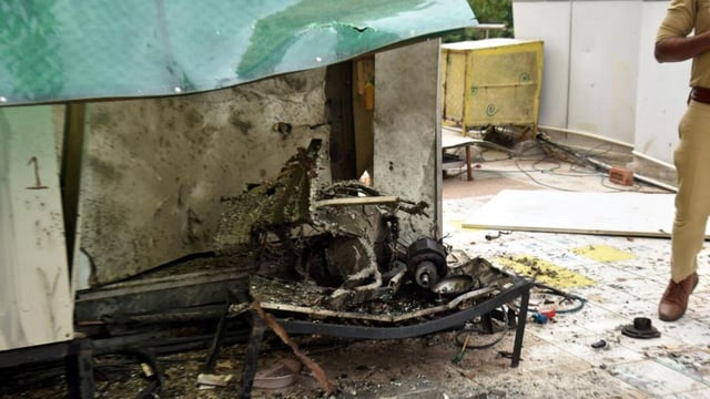 The AC after the explosion on the rooftop of the restaurant in Vaishali Sector 4 in Ghaziabad. (Sakib Ali/HT Photo)
