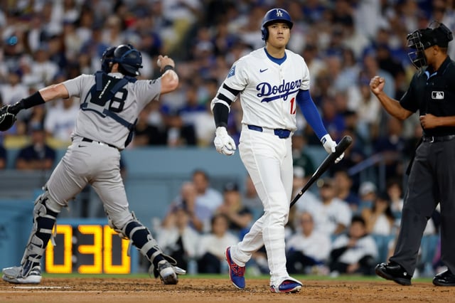 LOS ANGELES, CALIFORNIA - MAY 30: Shohei Ohtani #17 of the Los Angeles Dodgers reacts to a strikeout in the third inning against the New York Yankees at Dodger Stadium on May 30, 2025 in Los Angeles, California. (Photo by Harry How/Getty Images)