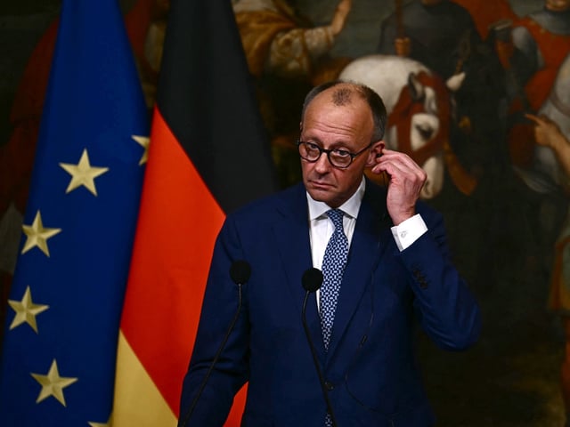 Germany's Chancellor Friedrich Merz attends a press conference at Palazzo Chigi after his meeting with Italy's Prime Minister, Giorgia Meloni in Rome on May 17, 2025. (Photo by Filippo MONTEFORTE / AFP) (Photo by FILIPPO MONTEFORTE/AFP via Getty Images)