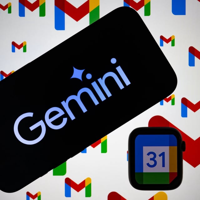 Gemini logo displayed on a mobile phone screen, in front of a background of Gmail logos