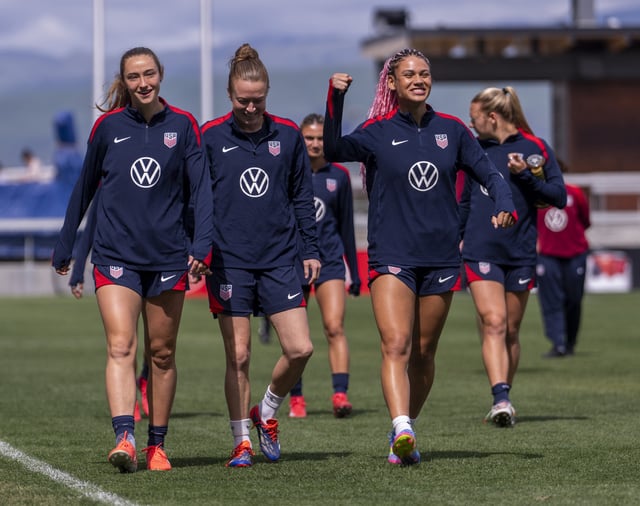 Tara McKeown, Emily Sonnett and Trinity Rodman of the United States walk on the field during USWNT training at PayPal Stadium on April 7, 2025 in San Jose, California.
