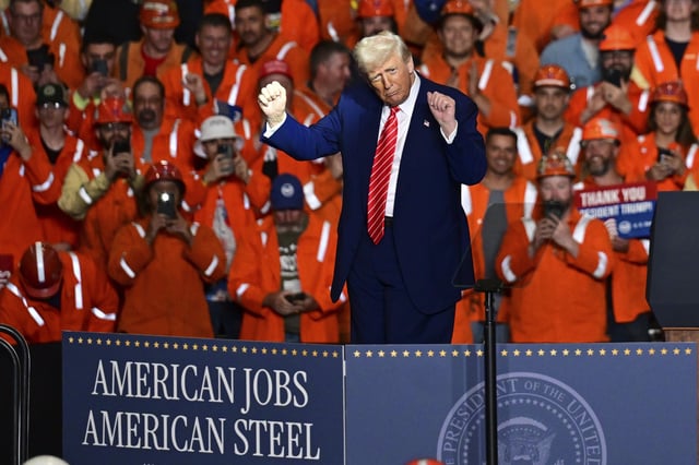 U.S. President Donald Trump dances after speaking at the U.S. Steel Mon Valley Works-Irvin plant, Friday, May 30, 2025, in West Mifflin, Pa. (AP Photo/David Dermer)