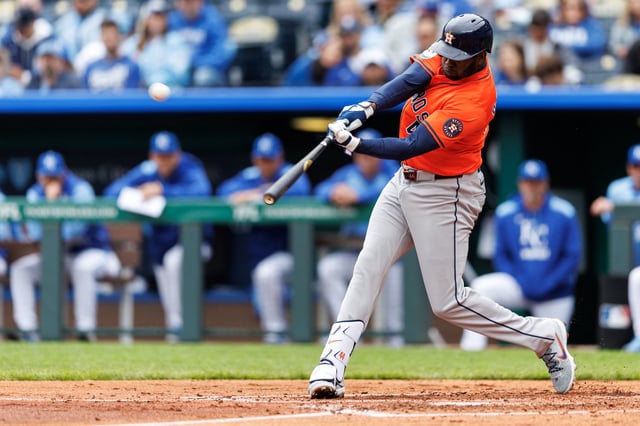 Apr 27, 2025; Kansas City, Missouri, USA; Houston Astros outfielder Yordan Alvarez (44) hits a home run during the third inning against the Kansas City Royals at Kauffman Stadium. Mandatory Credit: William Purnell-Imagn Images/File photo