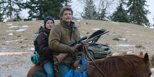 Joel and Ellie riding a horse in 'The Last of Us'