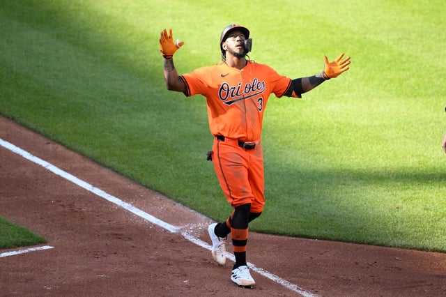 Baltimore Orioles&#39; Jorge Mateo celebrates after his two-run home run during the fifth inning of a baseball game against the Chicago White Sox, Saturday, May 31, 2025, in Baltimore. (AP Photo/Nick Wass)