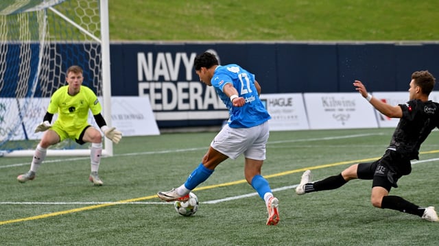 Annapolis’ Ryan Belal takes a shot in the first half. The Annapolis Blues FC take on Christos FC in men’s soccer Saturday at Navy-Marine Corps Memorial Stadium in the Blues season home opener. (Paul W. Gillespie/Staff)