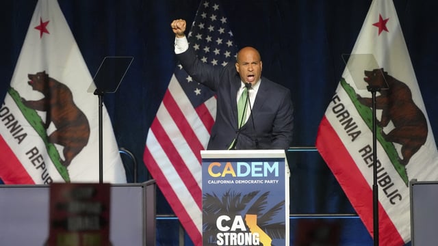 Sen. Cory Booker, D-N.J., speaks at the California Democratic Party's 2025 State Convention