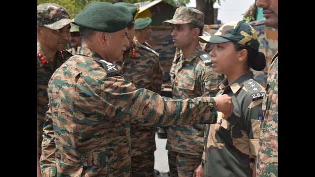 Army chief Gen Upendra Dwivedi honouring BSF Assistant Commandant Neha Bhandari in Akhnoor on Saturday. (Courtesy: X)
