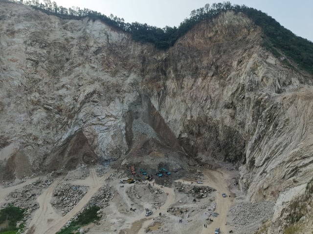 Drone view of search and rescue operations in the aftermath of rock collapse at a quarry in Cirebon, West Java Province, Indonesia May 30, 2025 in this picture obtained from social media. Andrea Ramadhan via Instagram/via REUTERS