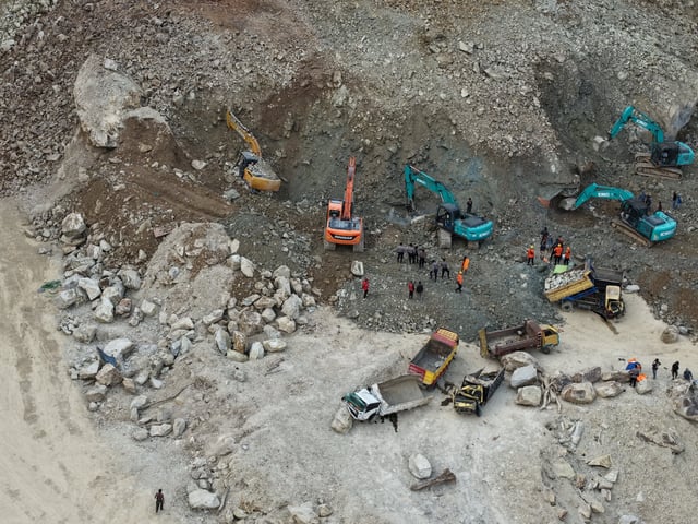 Drone view of search and rescue operations in the aftermath of rock collapse at a quarry in Cirebon, West Java Province, Indonesia May 30, 2025 in this picture obtained from social media. Andrea Ramadhan via Instagram/via REUTERS