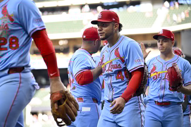 May 31, 2025; Arlington, Texas, USA; St. Louis Cardinals first baseman Willson Contreras (40) celebrates with his teammates after the Cardinals defeat the Texas Rangers at Globe Life Field. Mandatory Credit: Jerome Miron-Imagn Images