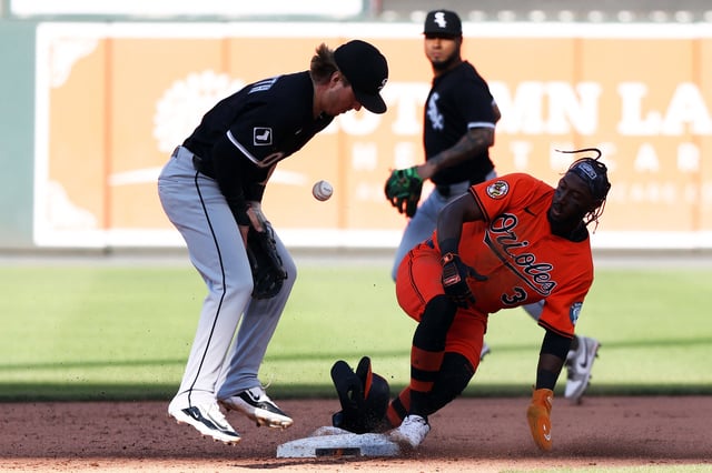 May 31, 2025; Baltimore, Maryland, USA; Baltimore Orioles shortstop Jorge Mateo (3) steals second past Chicago White Sox shortstop Chase Meidroth (10) during the eighth inning at Oriole Park at Camden Yards. Mandatory Credit: Daniel Kucin Jr.-Imagn Images
