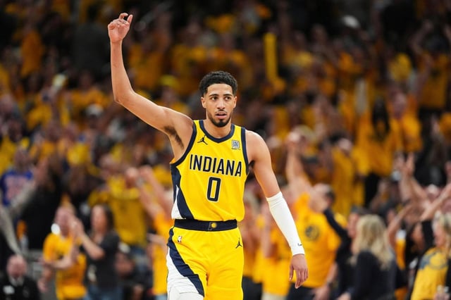Pacers guard Tyrese Haliburton celebrates during the second half of Game 6 of the Eastern Conference finals against the Knicks on Saturday, May 31, 2025, in Indianapolis. (AP Photo/Michael Conroy)