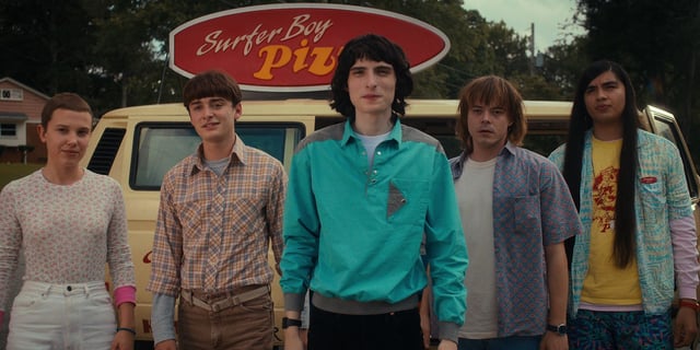 (From left) Millie Bobby Brown, Noah Schnapp, Finn Wolfhard, Charlie Heaton and Eduardo Franco in 'Stranger Things.'